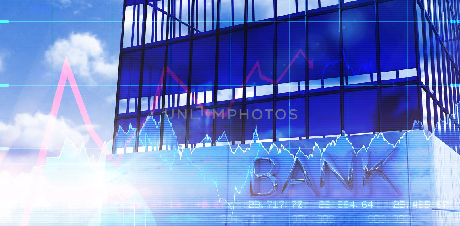 Low angle view of bank building against view of blue sky and cloud