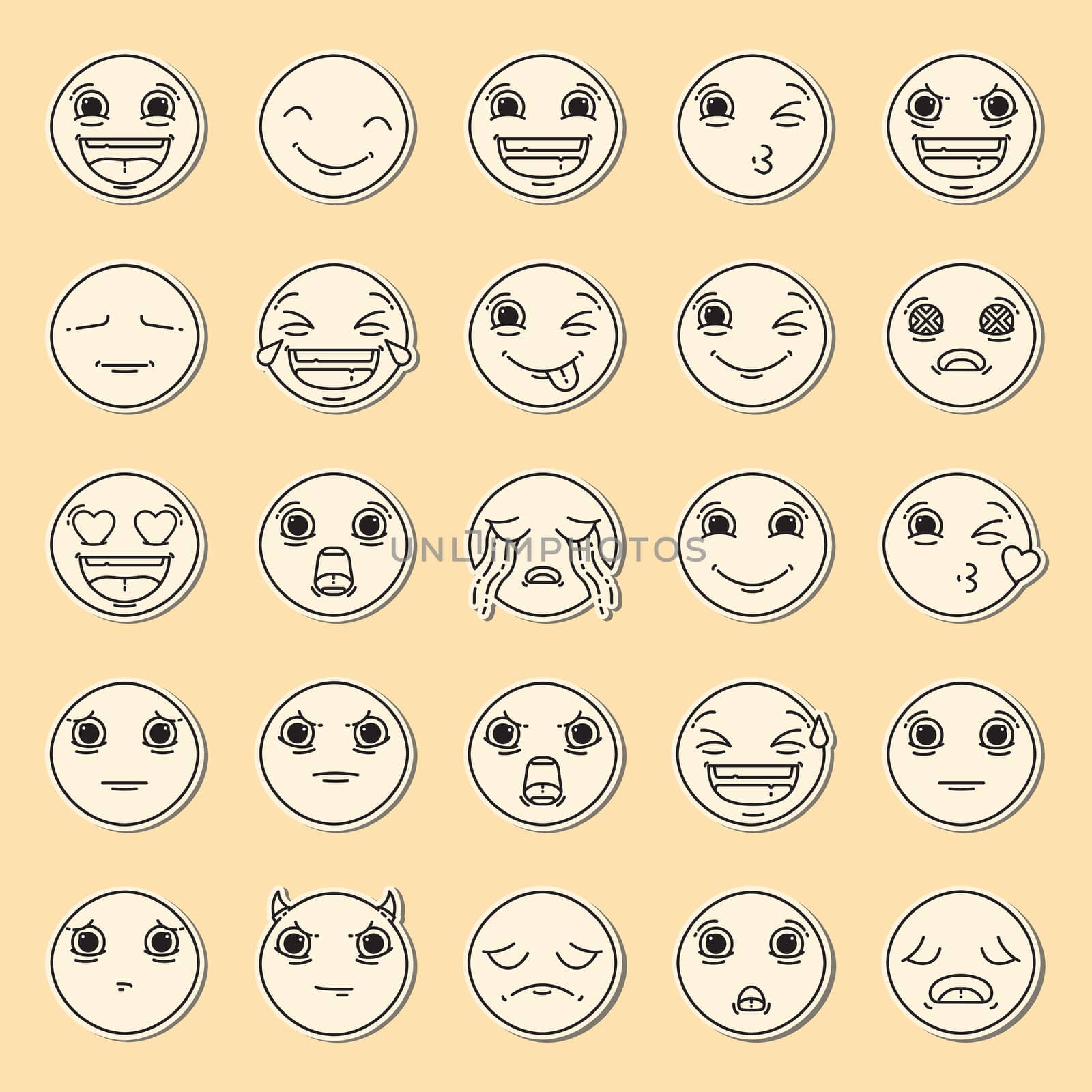 Vector icon set of emoticons against yellow background