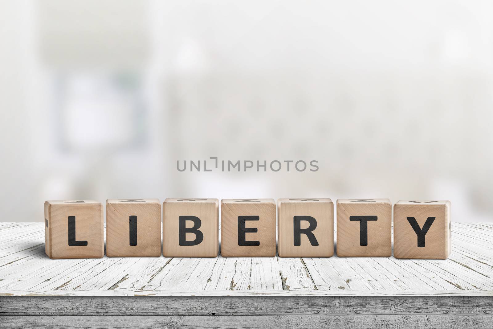 Liberty sign made of wood on a desk in an indoor environment