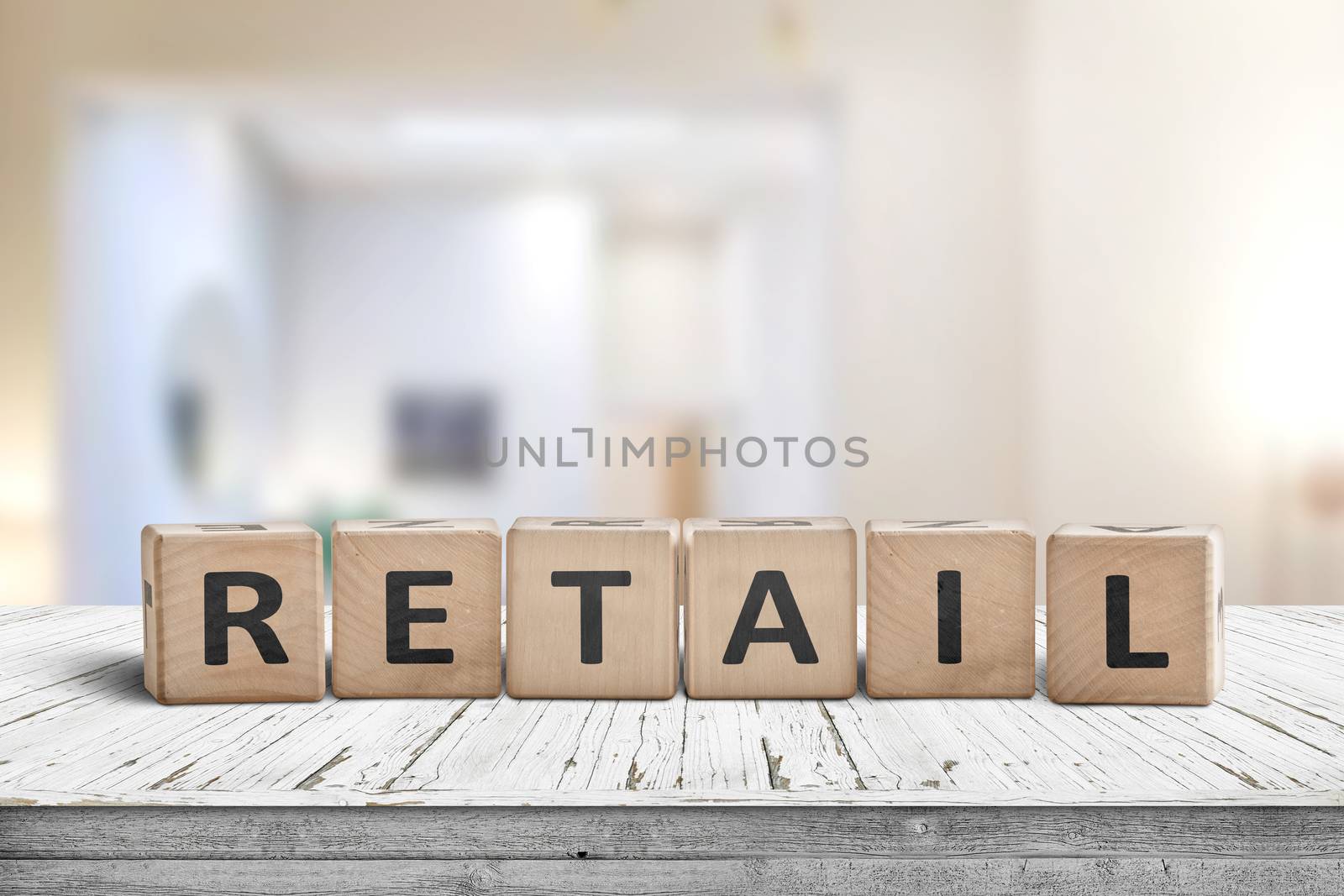 Retail sign in a fashion store on a white counter made of wood