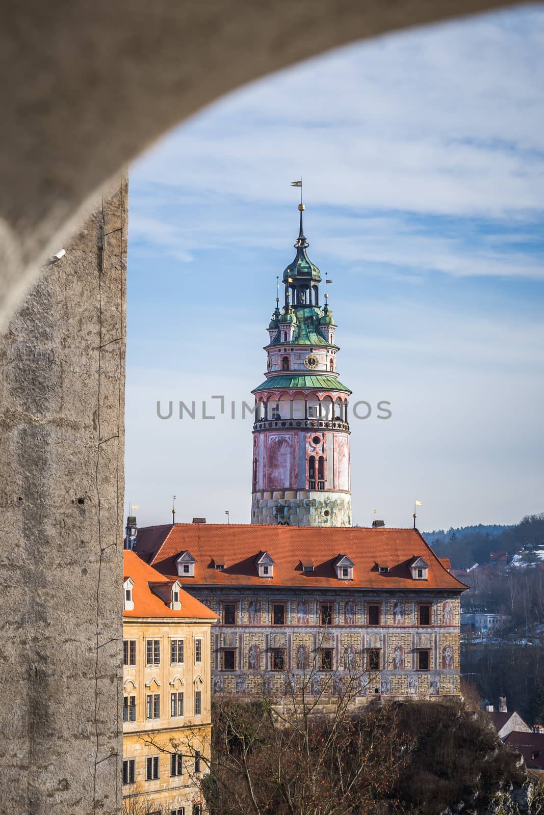 View to Cesky Krumlov Castle Tower in winter, Czech Republic, unesco heritage. by petrsvoboda91