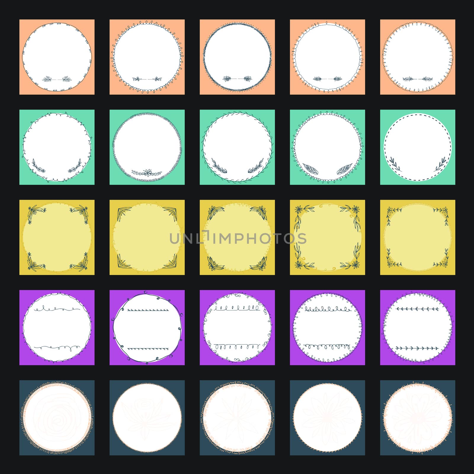 Vector icon set of round frames against grey background