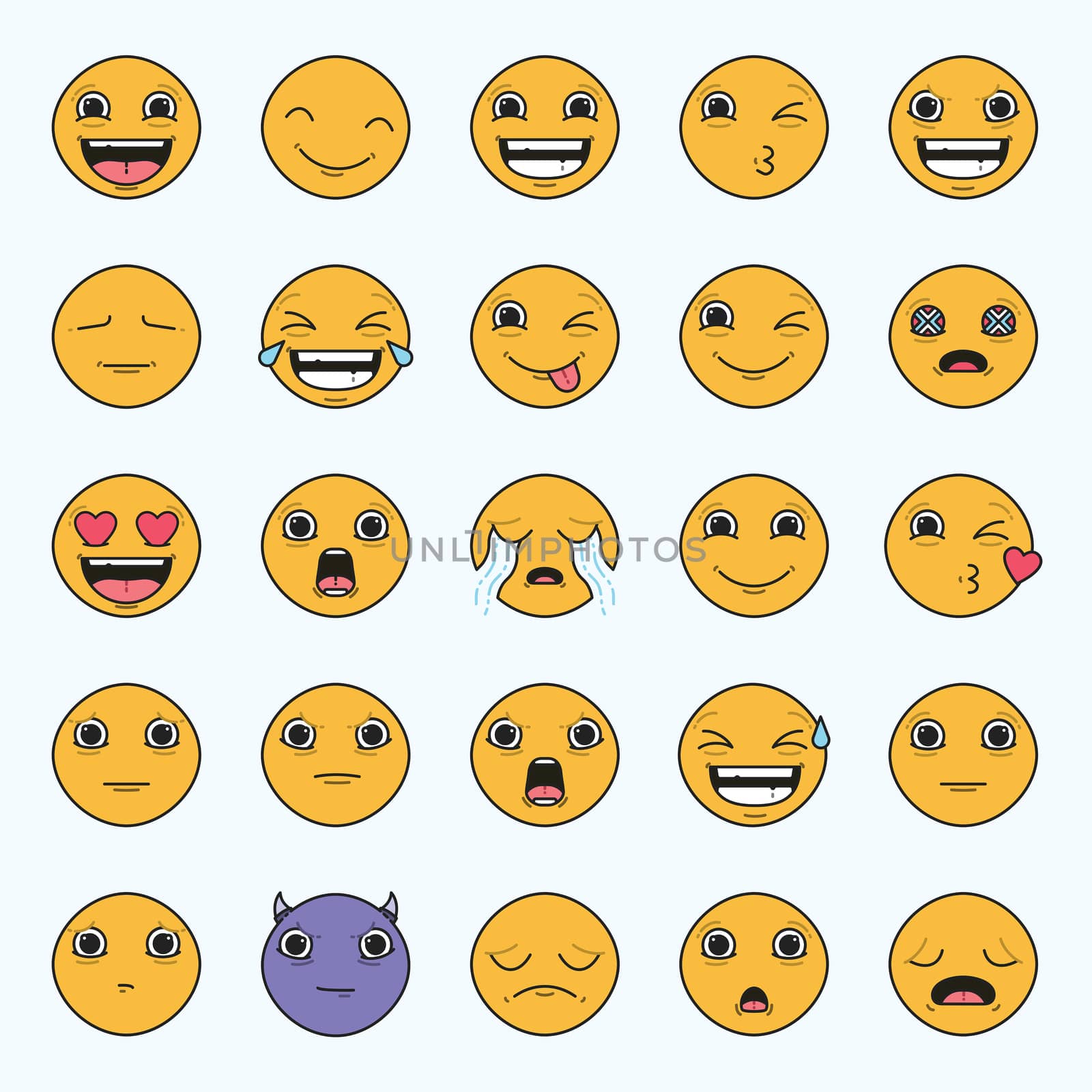 Vector icon set of emoticons against white background