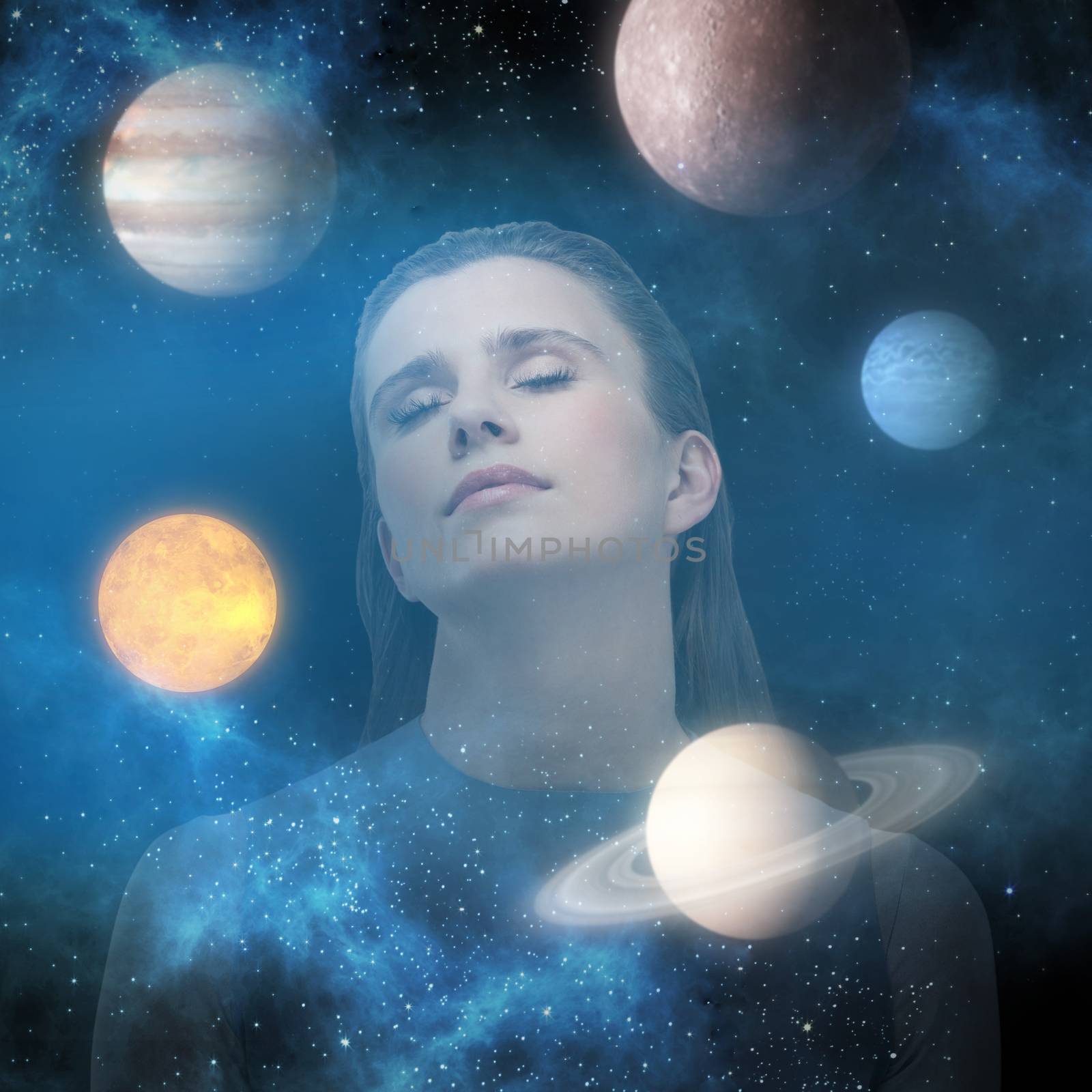 Beautiful woman relaxing against graphic image of various planets 3d