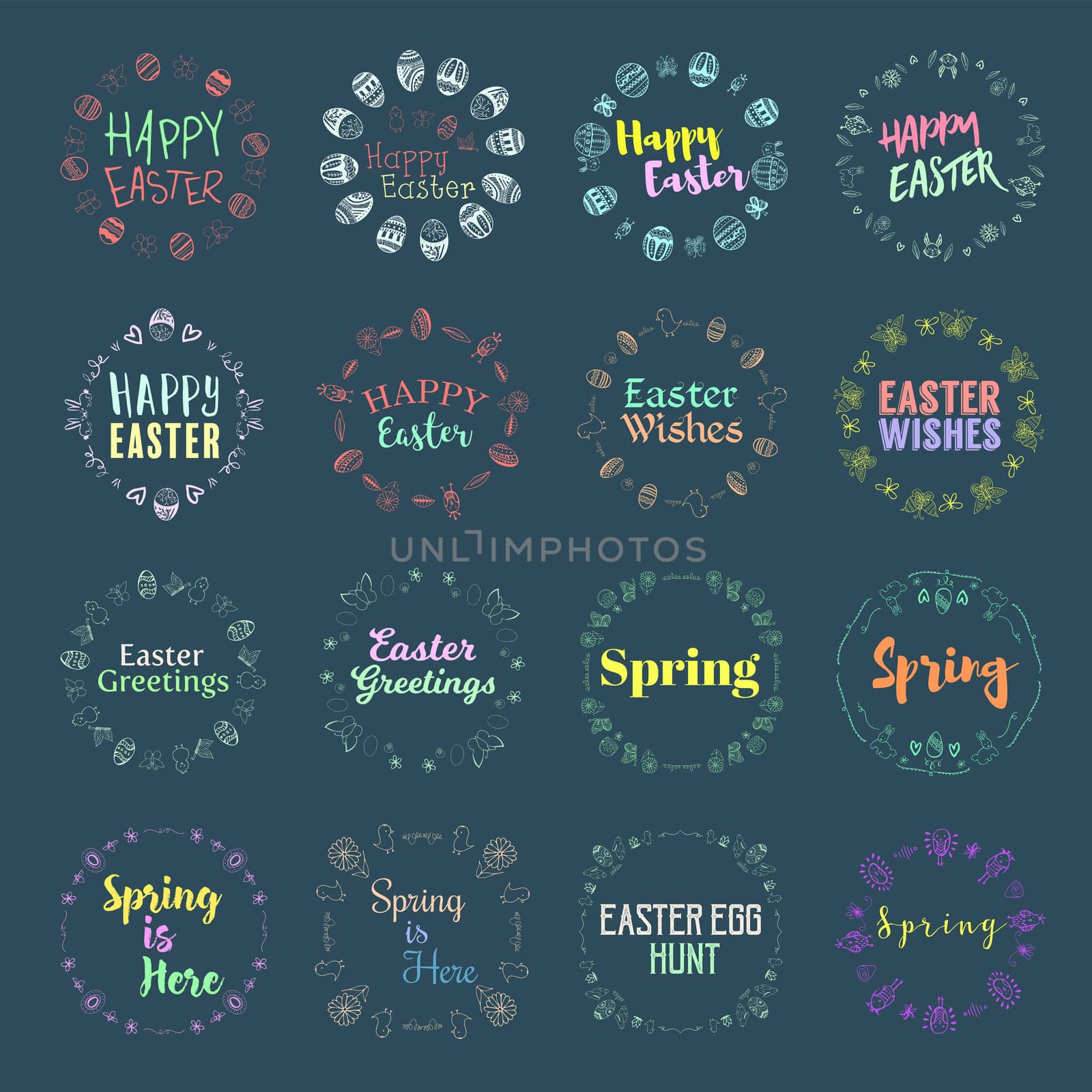 Vector icon set of easter and spring message against blue background