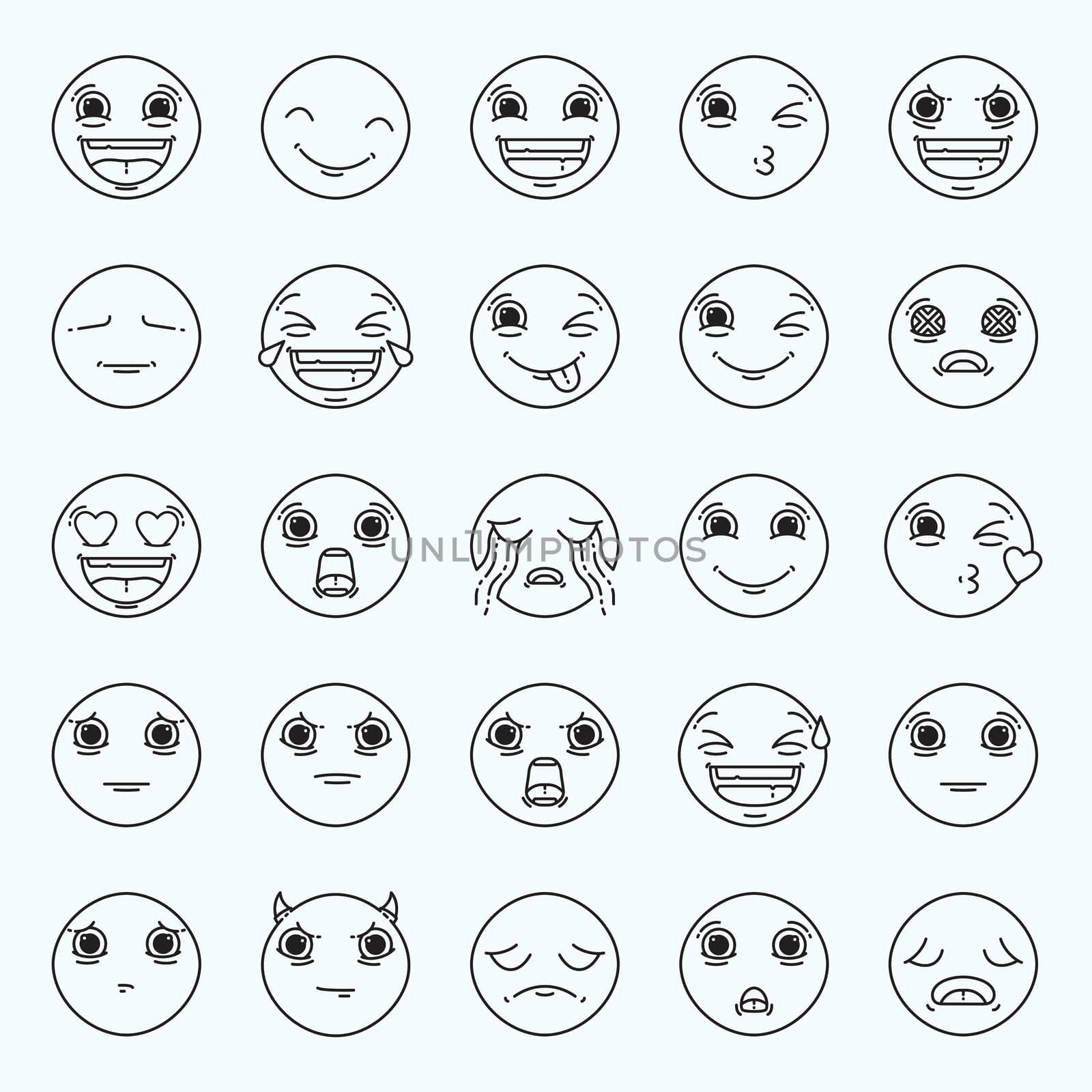 Vector icon set of emoticons against white background