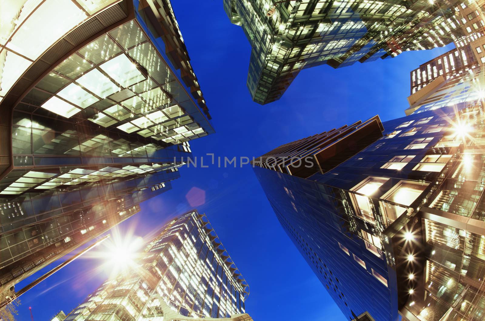 Fisheye view of offices at dusk by conceptualmotion