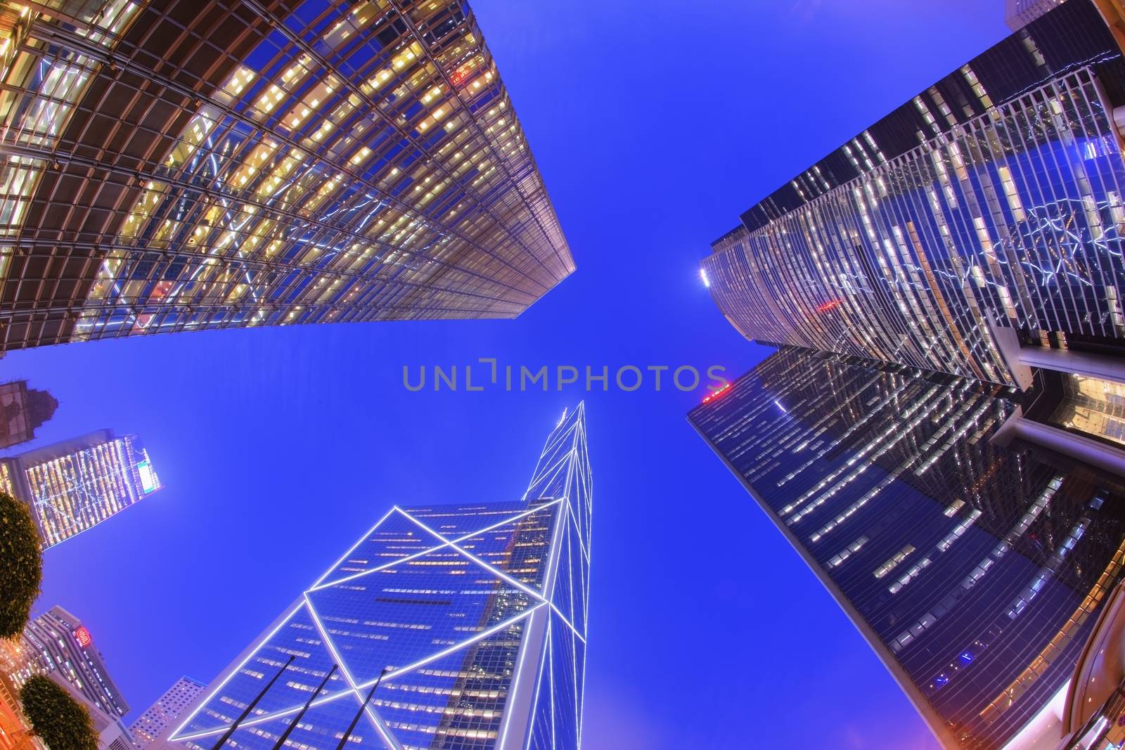 Fisheye view of the Financial district at dusk.
Central Hong Kong. Asia. China.