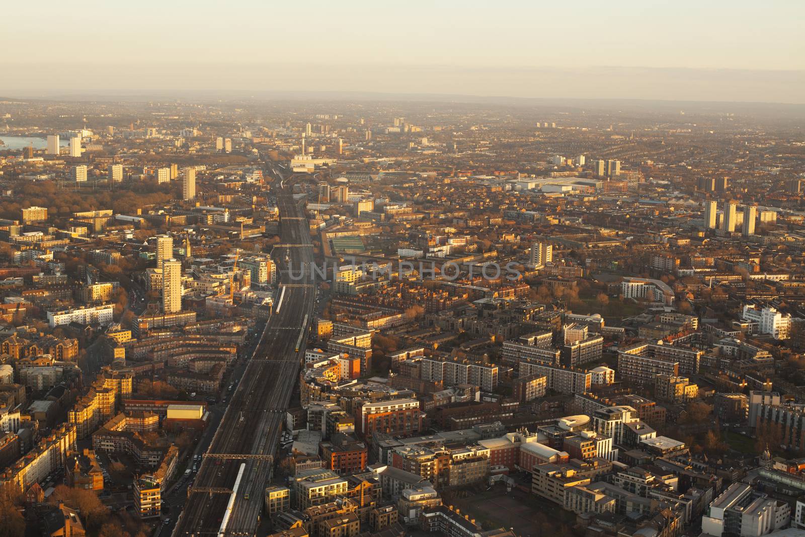 Elevated view of a London at sunset
London.
England.