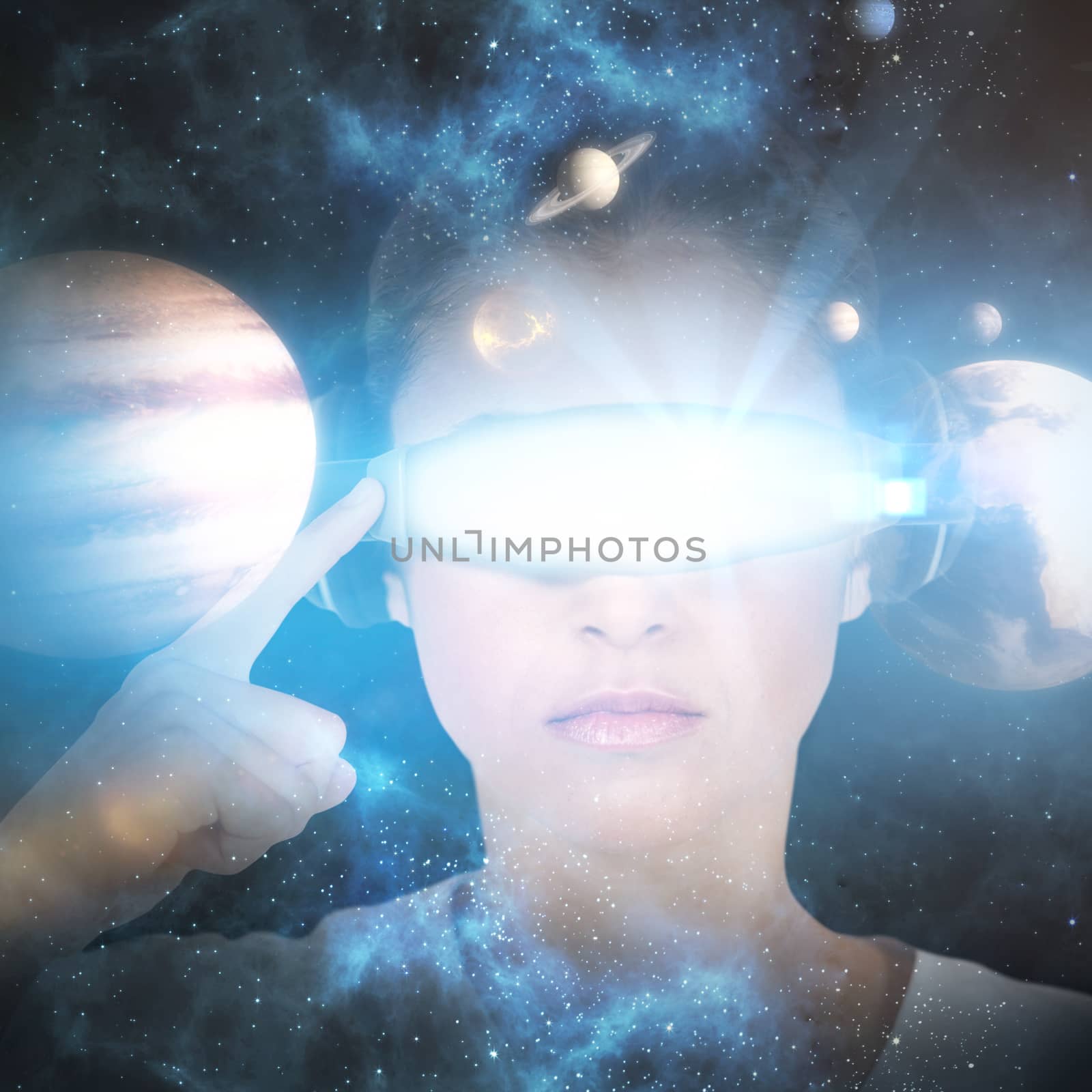 Woman wearing virtual video glasses against composite image of solar system against white background 3d