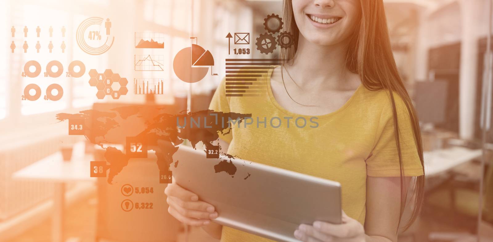 Global technology background against female business executive using digital tablet 3d