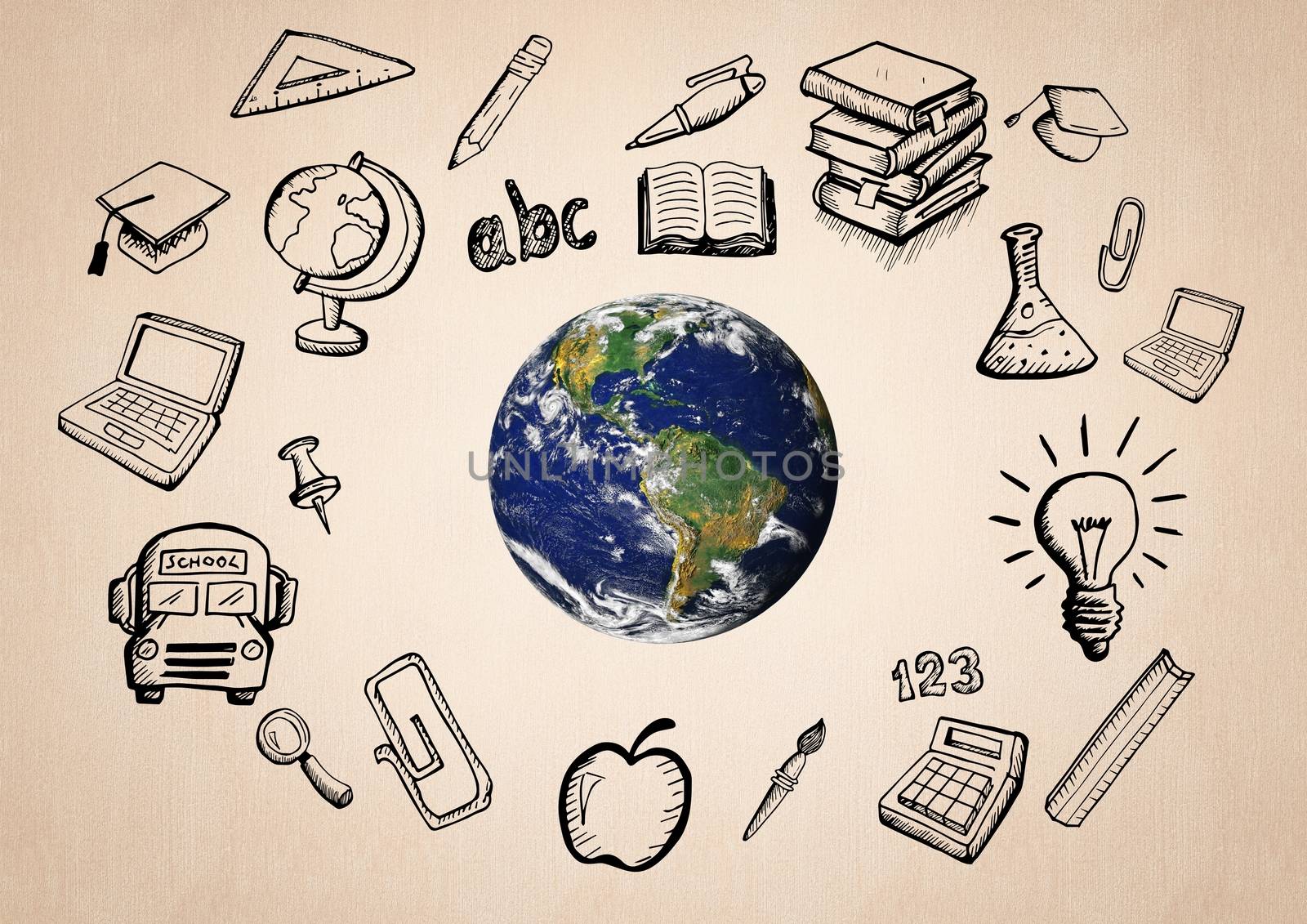 World with educatoin icon drawings agaisnt beige background by Wavebreakmedia
