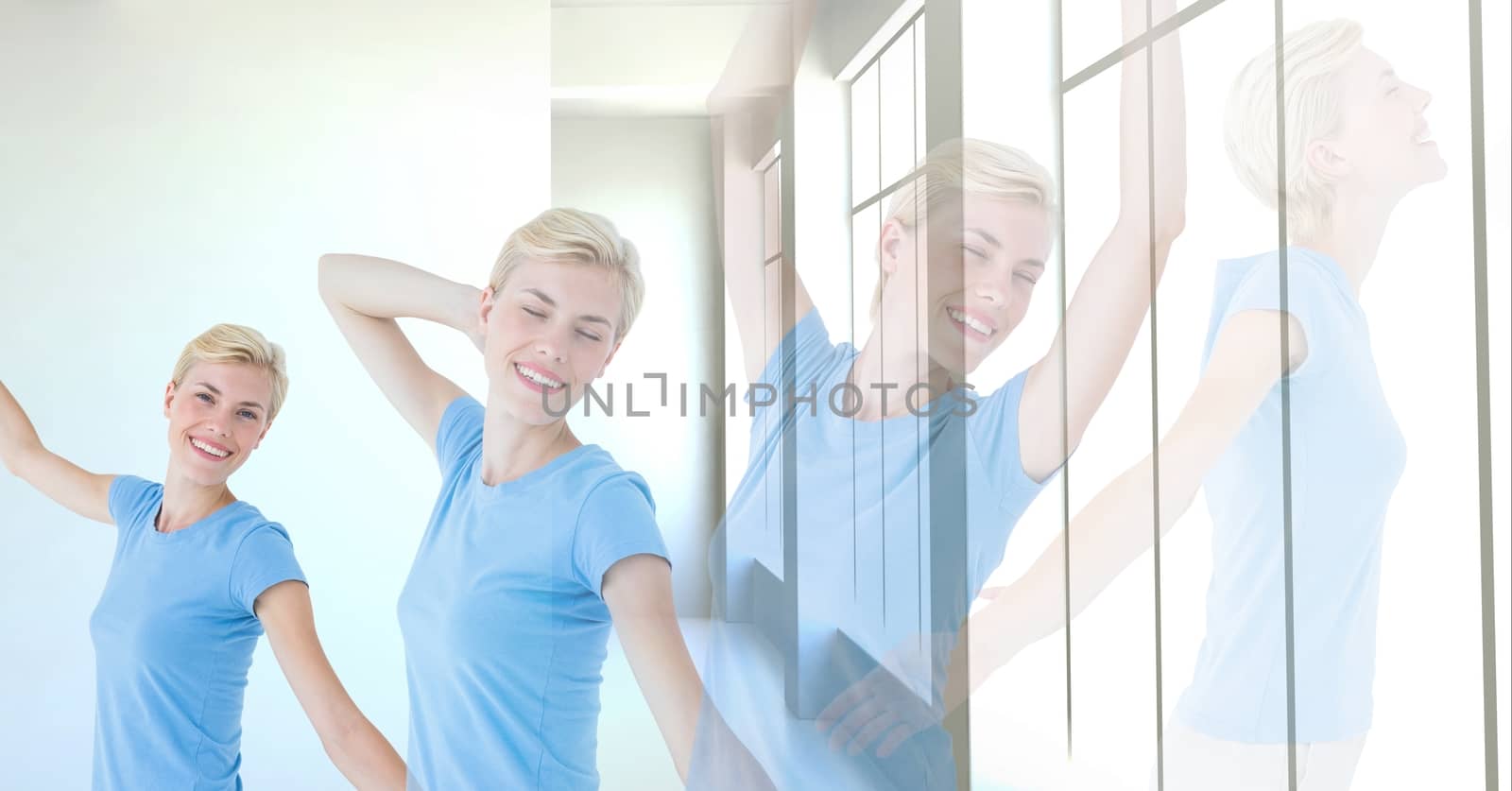 Digital composite of Woman exercising relaxing yoga by window
