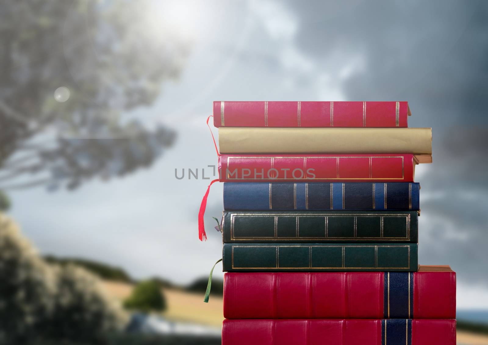 Books stacked by romantic nature landscape by Wavebreakmedia