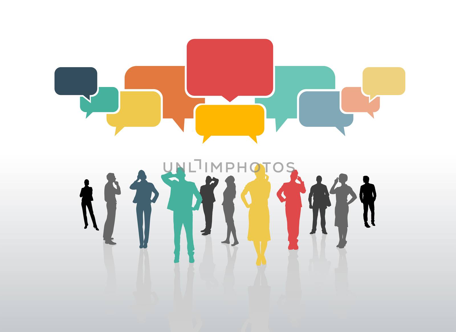 Business people with speech bubbles on grey background