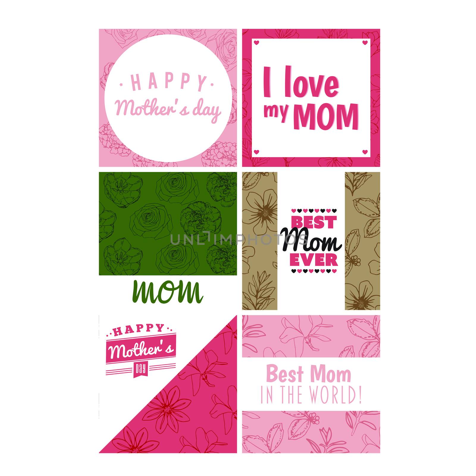 Vector set of greeting cards with mothers day message against white background