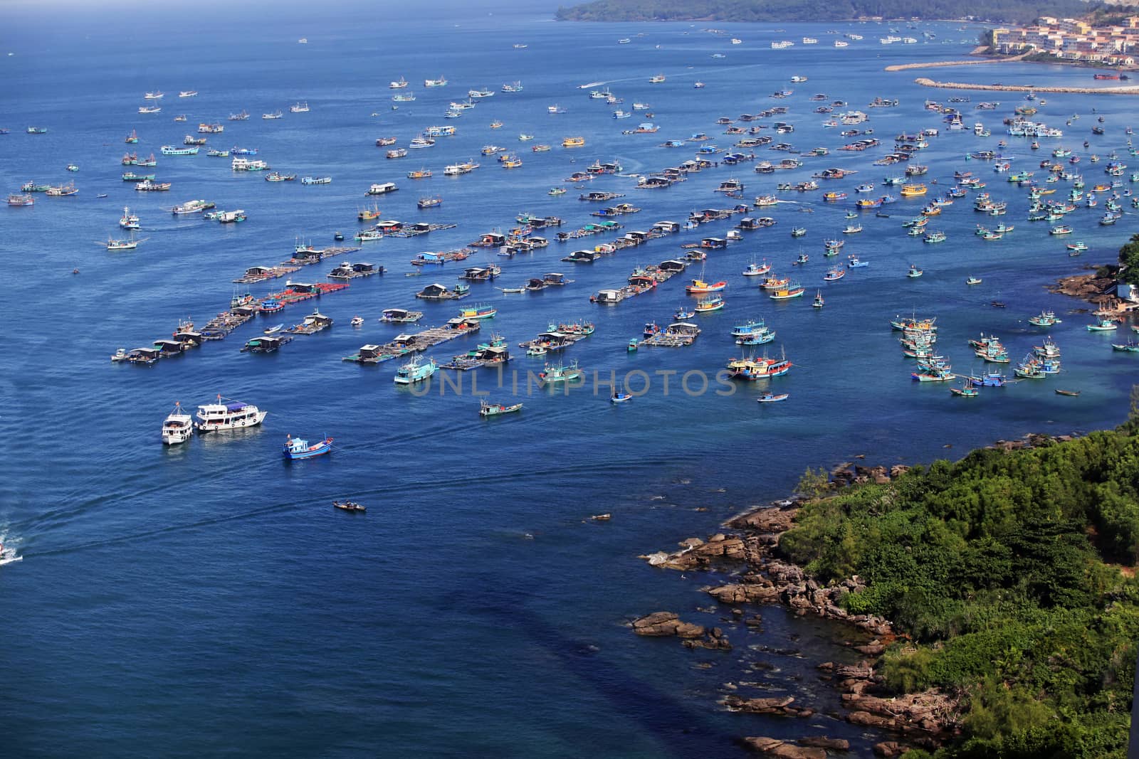 Aerial view of a group of boats at sea in Vietnam, Phu Quoc