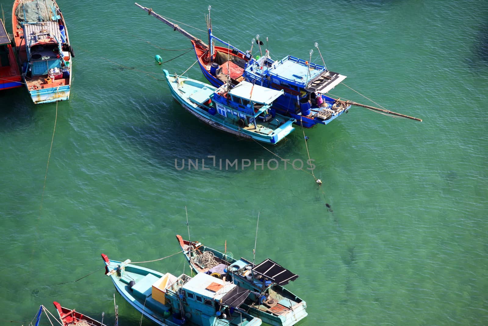 Aerial view  boats at the turquoise sea in Vietnam, Phu Quoc by friday