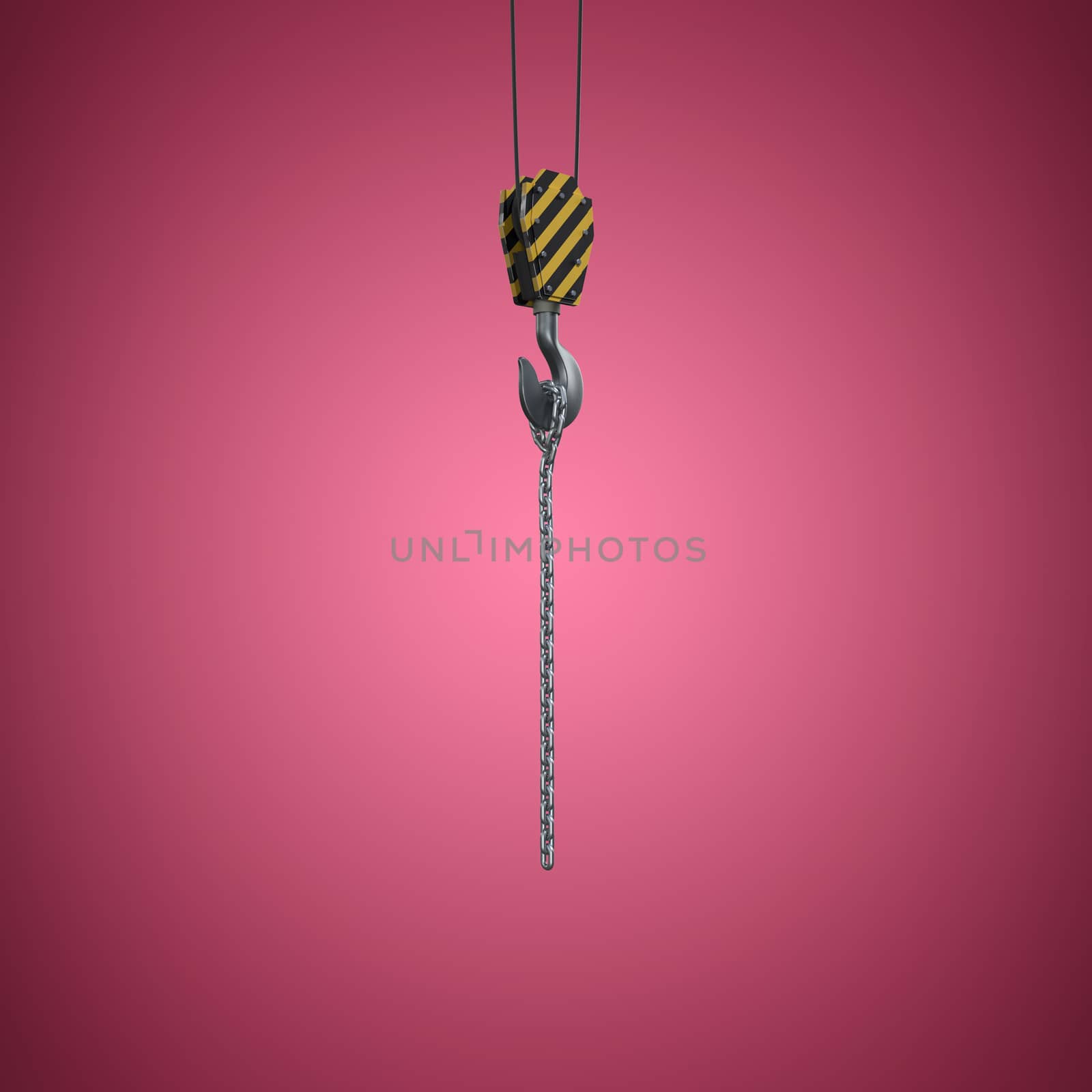 Studio Shoot of a crane lifting hook against red and white background