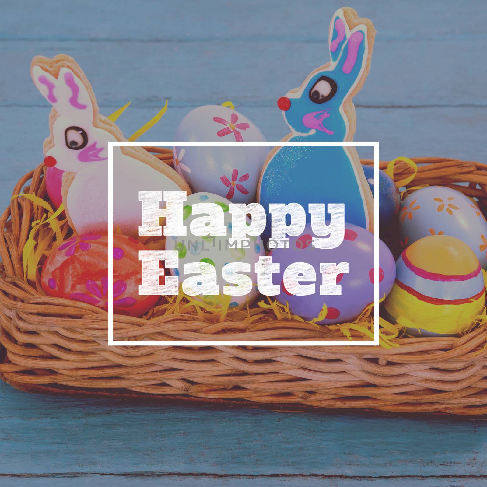 happy easter against various easter eggs served in wicker basket