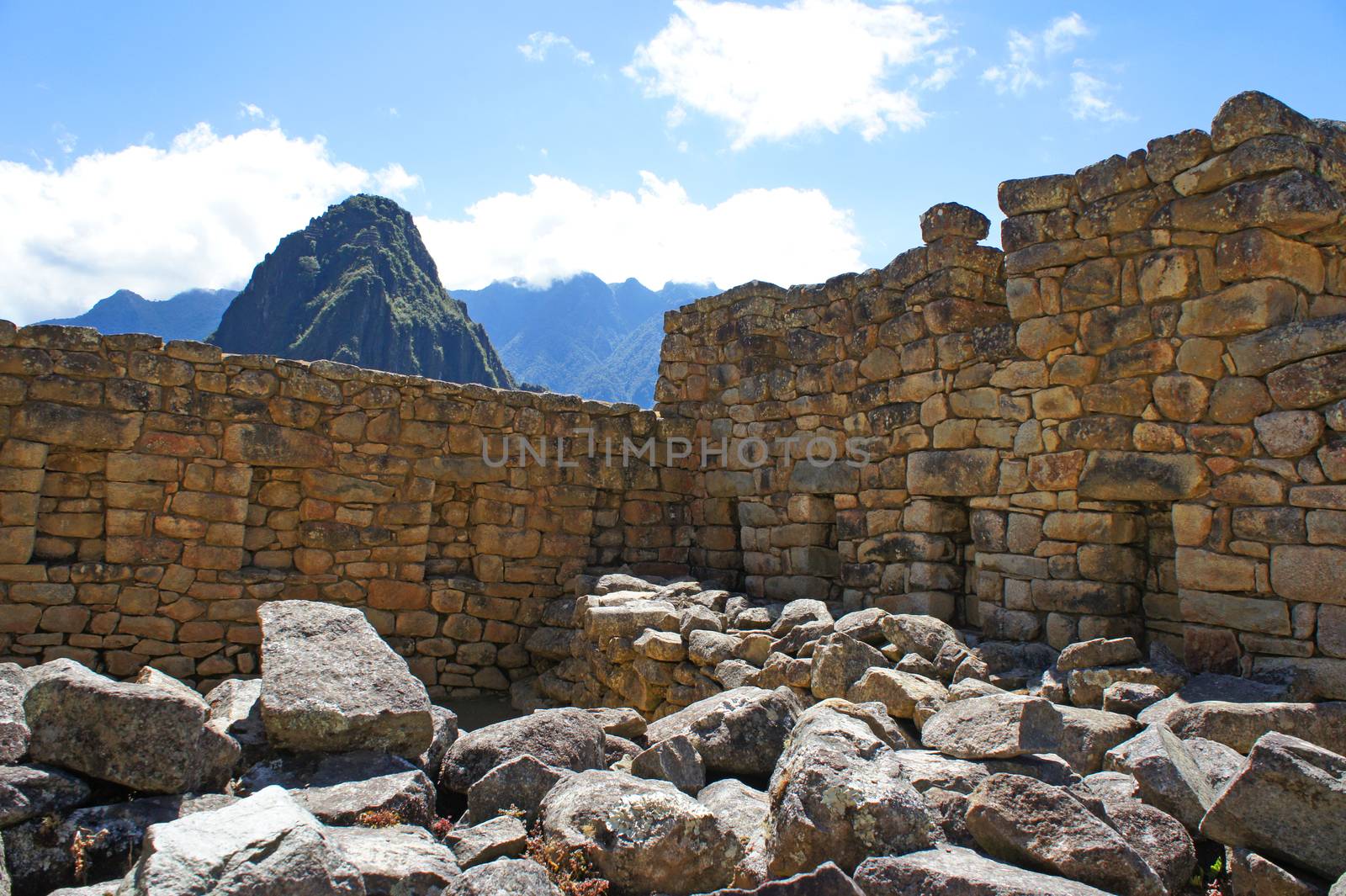 Closeup of the ruins of a building at Machu Picchu, Peru