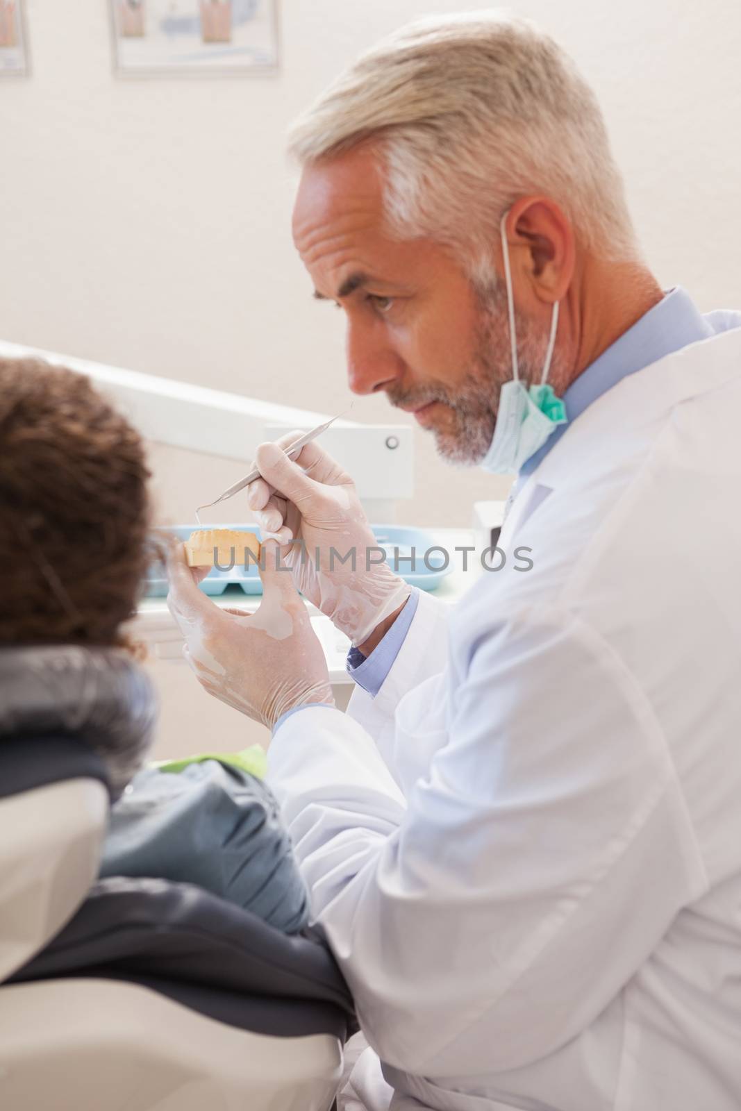 Dentist showing patient model of teeth at the dental clinic