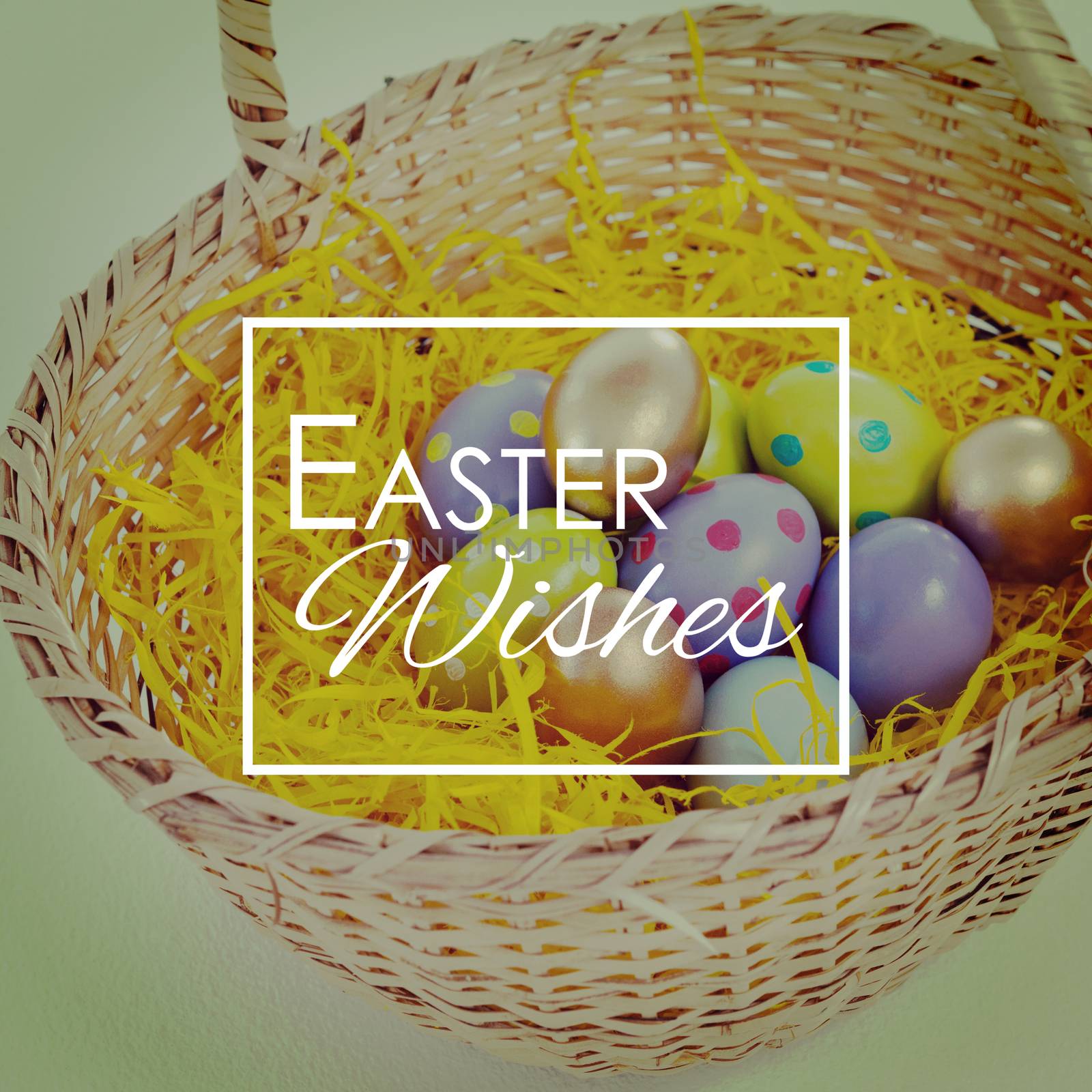 Easter greeting against various easter eggs in wicker basket