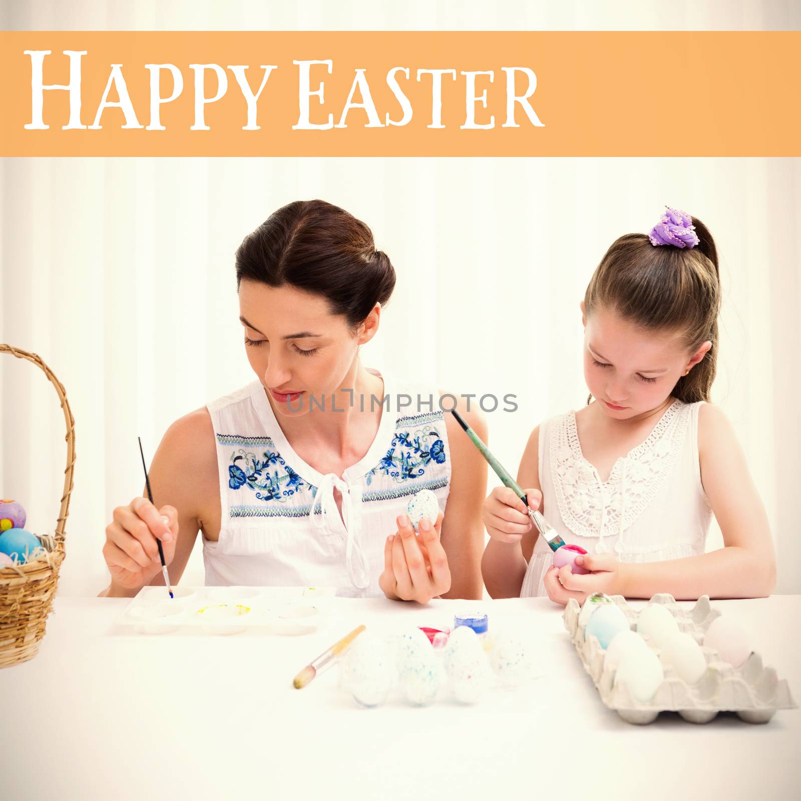Mother and daughter painting easter eggs against easter greeting