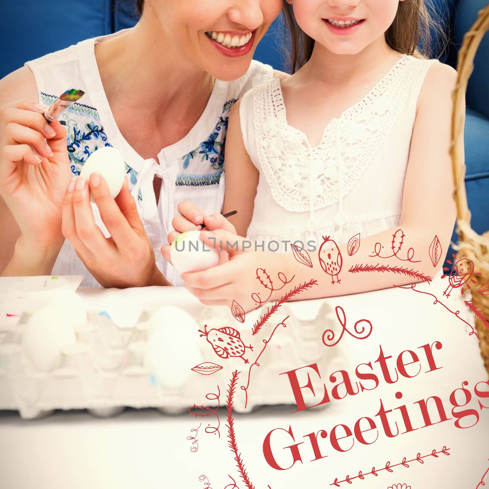 Mother and daughter painting easter eggs against happy easter red logo against a white background