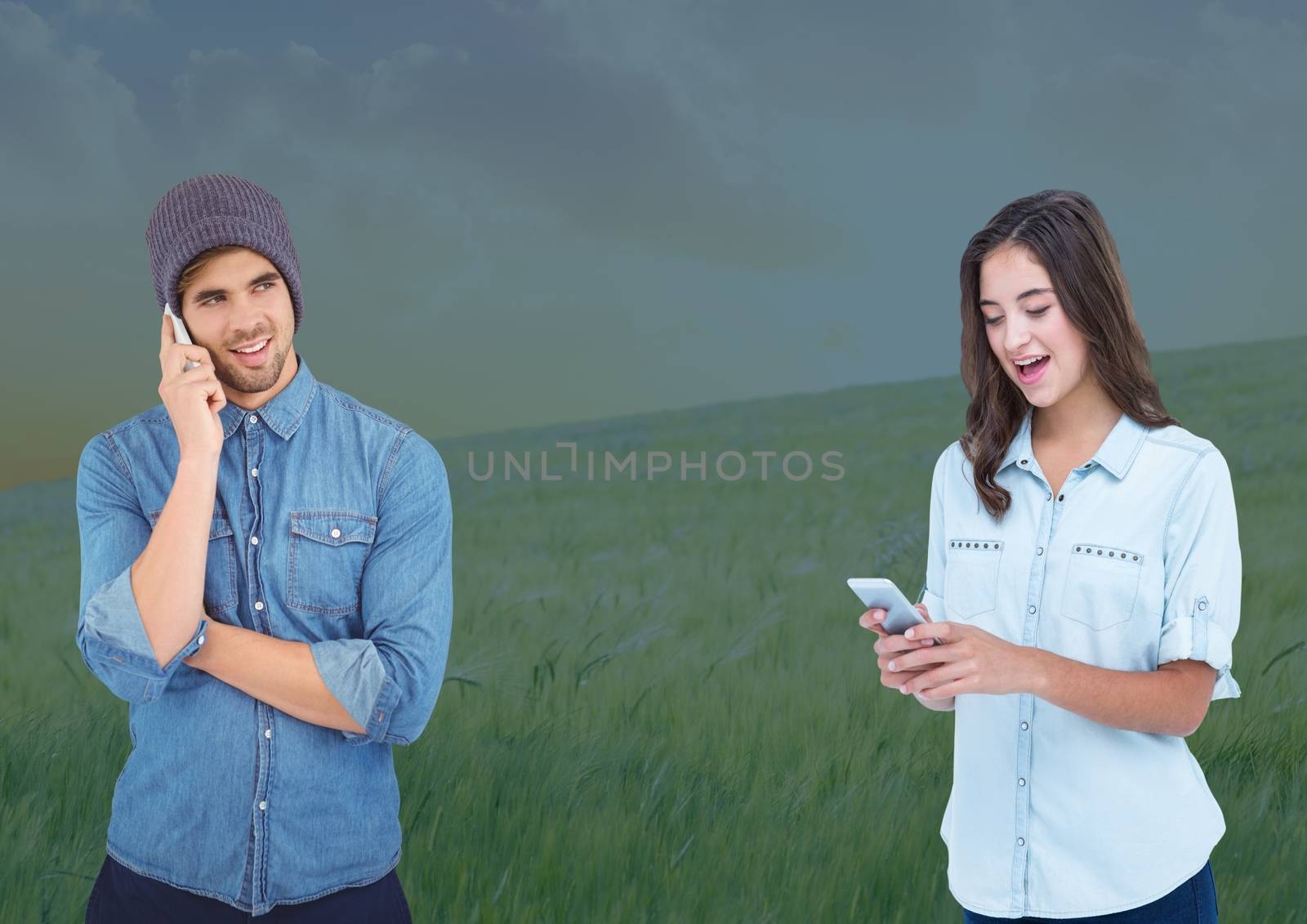 Digital composite of People on phones in field