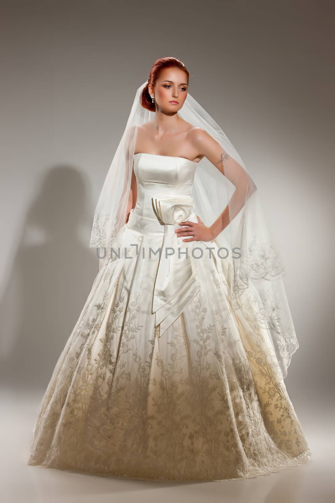 Young beautiful woman in a wedding dress on a studio background