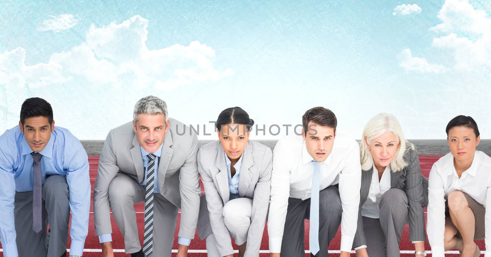Digital composite of Business people on track against sky