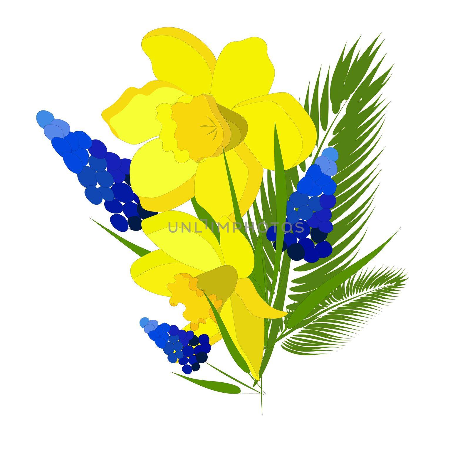 Bouquet of spring flowers isolated on white background. illustration. Tulips, daffodils and twigs of palm trees. Isolated element for creating postcards.. by annatarankova