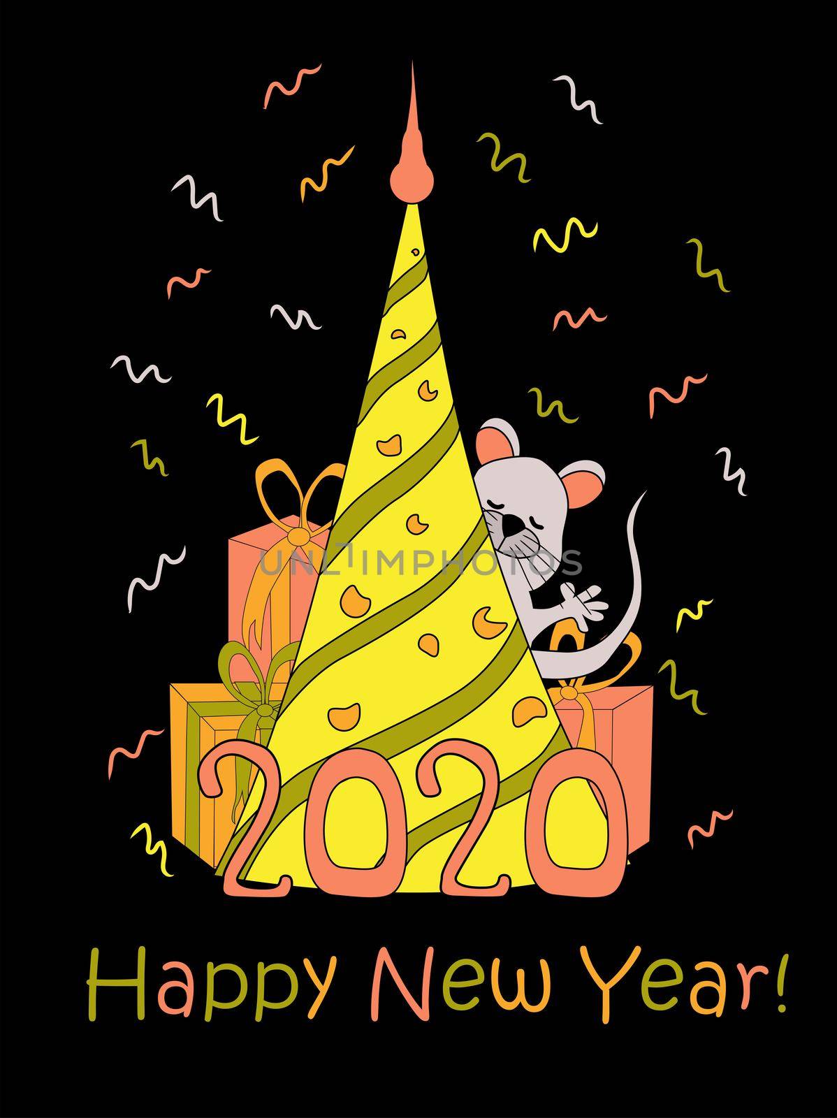 New Year's card for children. Mouse and Christmas tree. Holiday Christmas and New Year. Symbol of 2020. Confetti