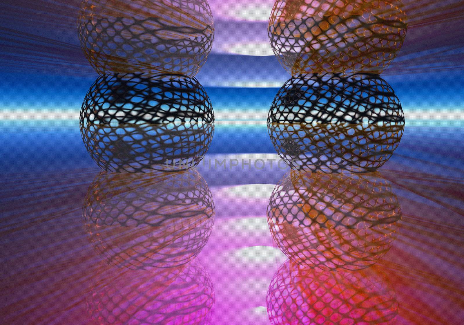 3d image of abstract textured scene with round structural objects that are on the illuminated podium