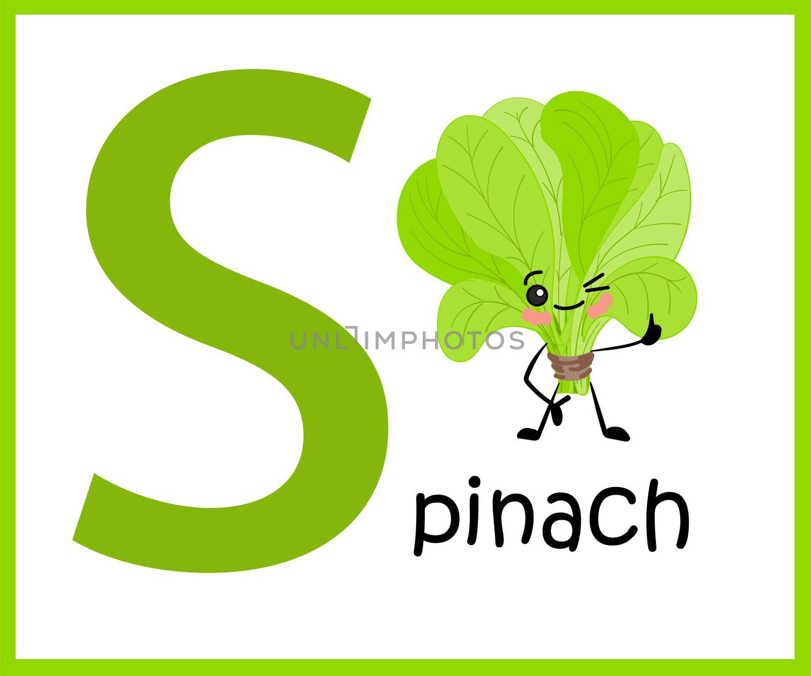The alphabet is English. Letter s. Spinach Character. by annatarankova