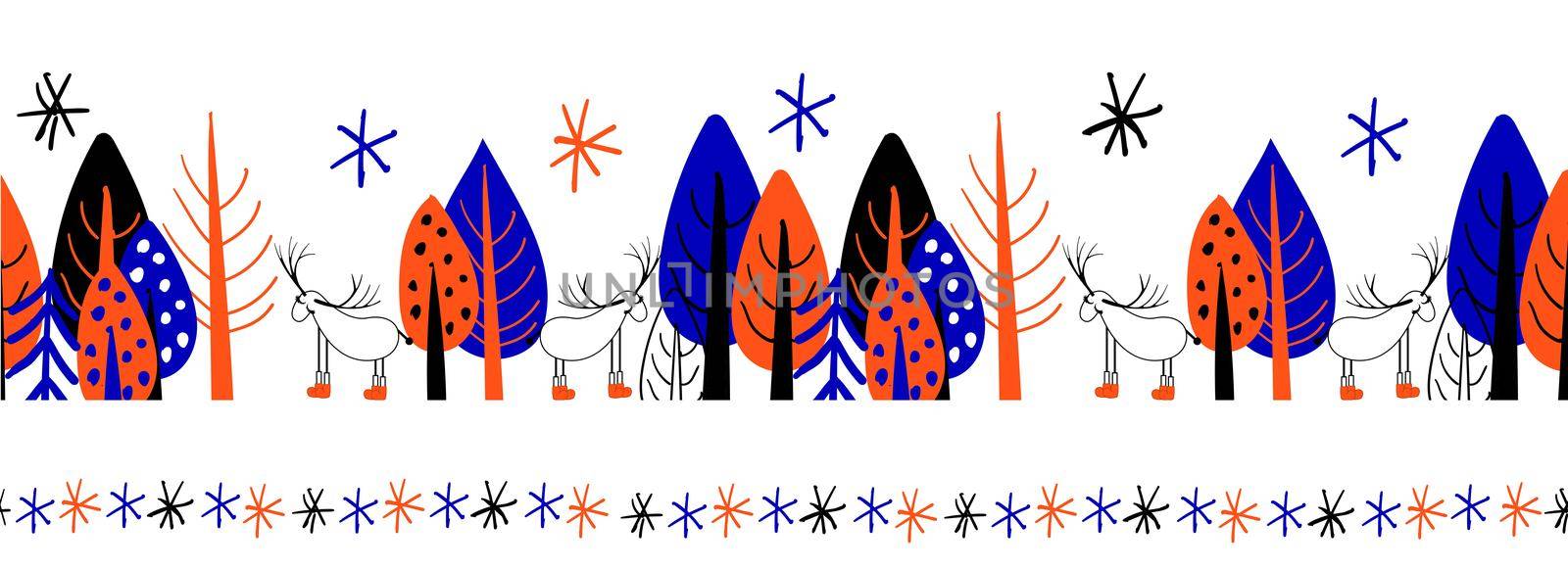 Seamless border, repeating ribbon. Blue and orange colors. Cute cartoon trees on a white background.
