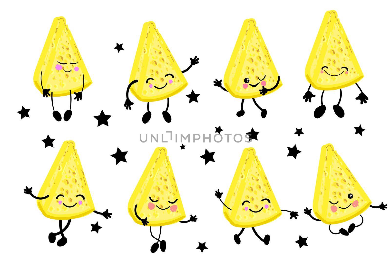 Pieces of cheese with arms and legs. Set of characters in different poses. Mozzarella, Dutch cheese. Cute cheesy character on a white background.