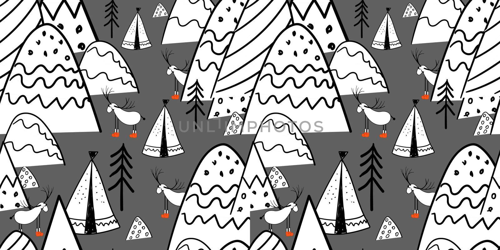 Northern forest. Illustration in folk style. Stylized mountains. Scandinavian print. Line drawing. Seamless pattern for kids.