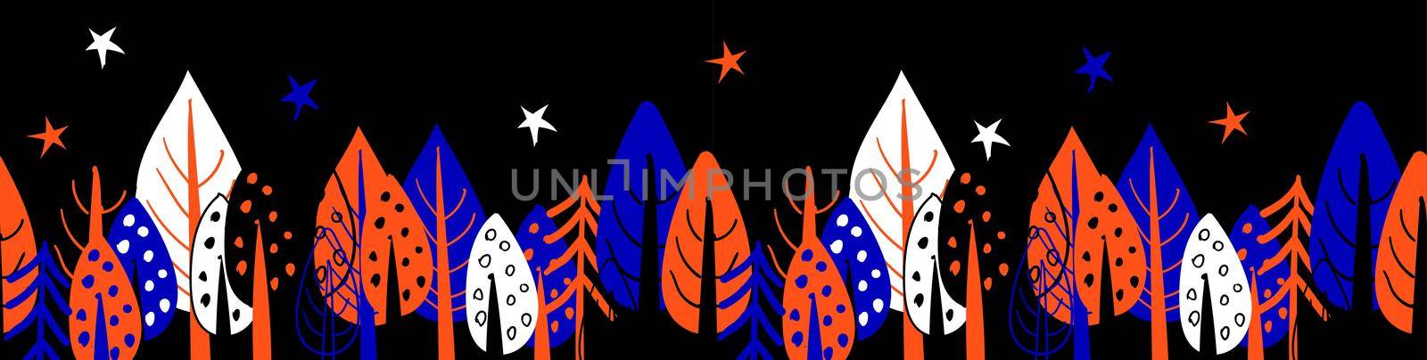 Seamless border with trees. Picture tree. Design of packing tape or print on fabric. Bright Scandinavian style. Blue and orange tseta on a white background.