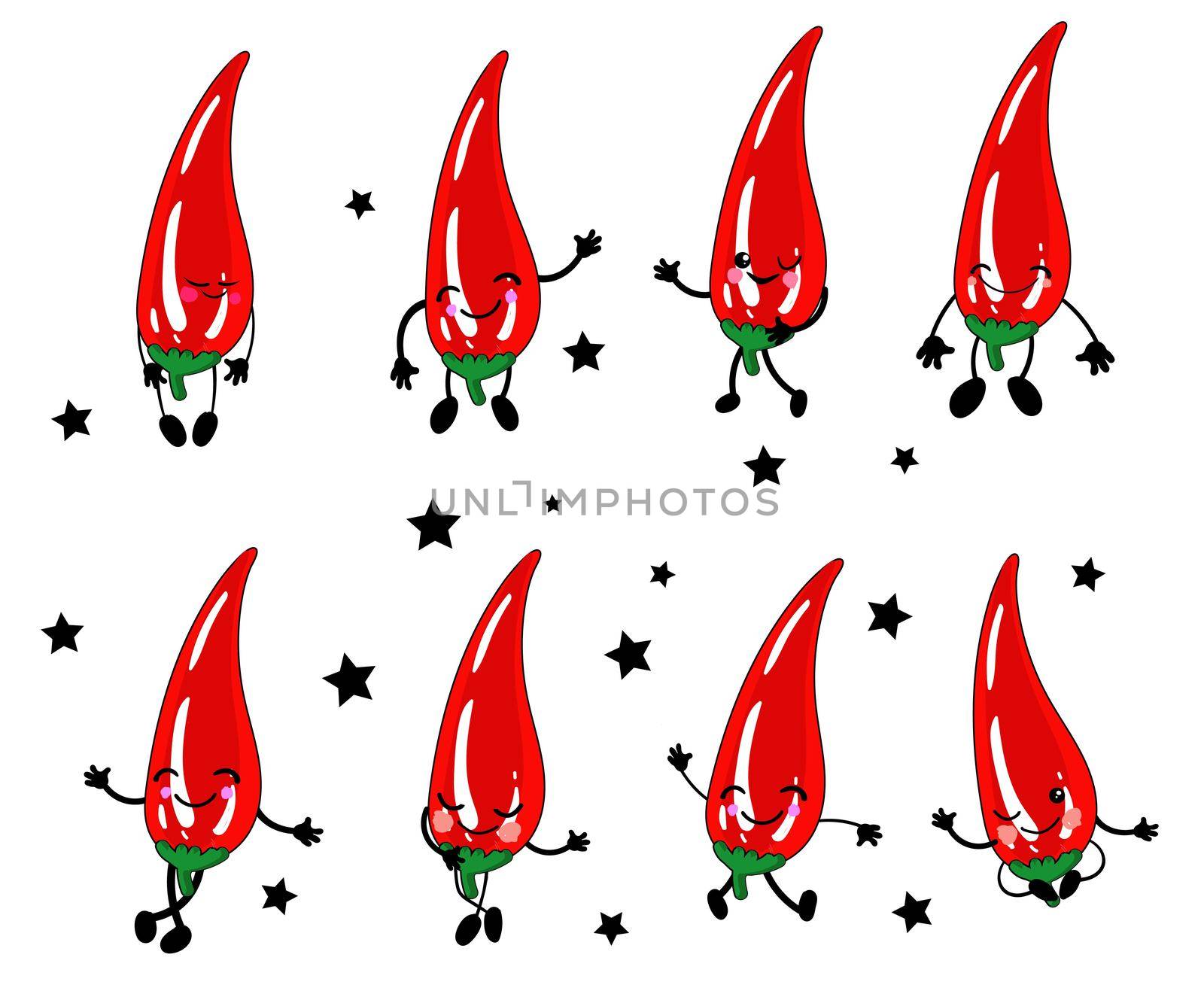 Chilli. Hot pepper jalapeno character. Cute cartoon lackey with arms and legs. Set of vegetablesisolated on a white background.