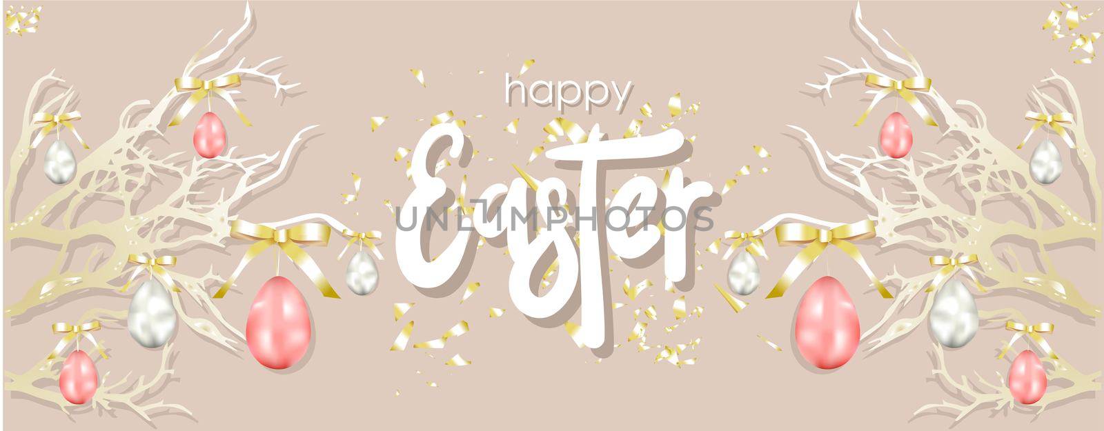 Easter and spring background. Easter lush tree. Abstract silver, pink and blue eggs. Eggs are hanging on a ribbon. Bright spring holiday composition. Greeting card, banner, poster.