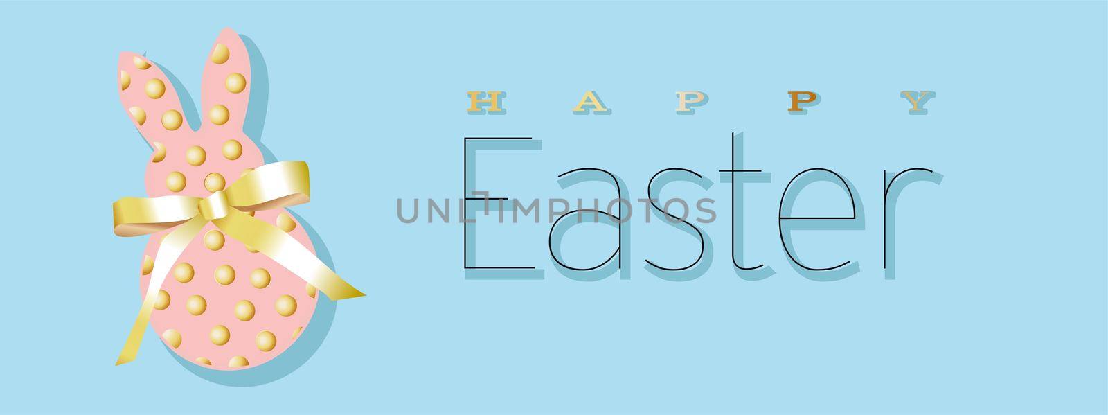 Easter banner. Horizontal poster, postcard, website headers, background with text happy easter. Bunny rabbit with a bow from a gold ribbon on a blue background. Elegant Design with realistic objects..