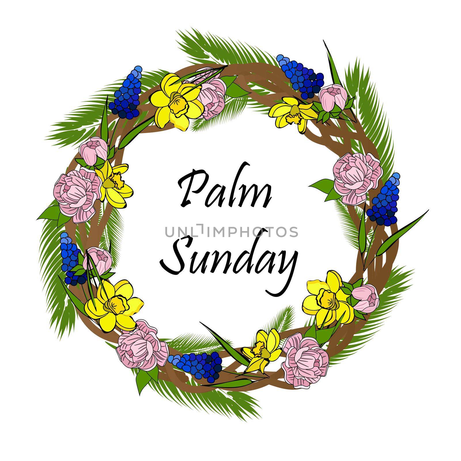 Spring wreath. Easter decoration. Sprigs of flowers and palm leaves. Palm Sunday. Religion. Christianity.
