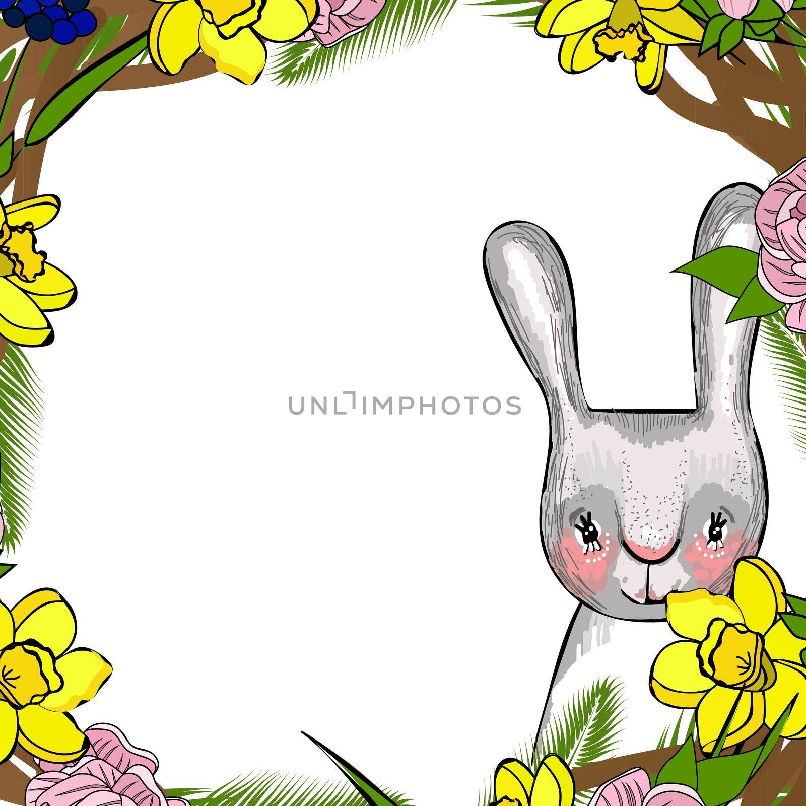 Easter wreath with spring flowers. Lettering spring. Element for the design of spring banners and posters. Isolated on a white background.. by annatarankova