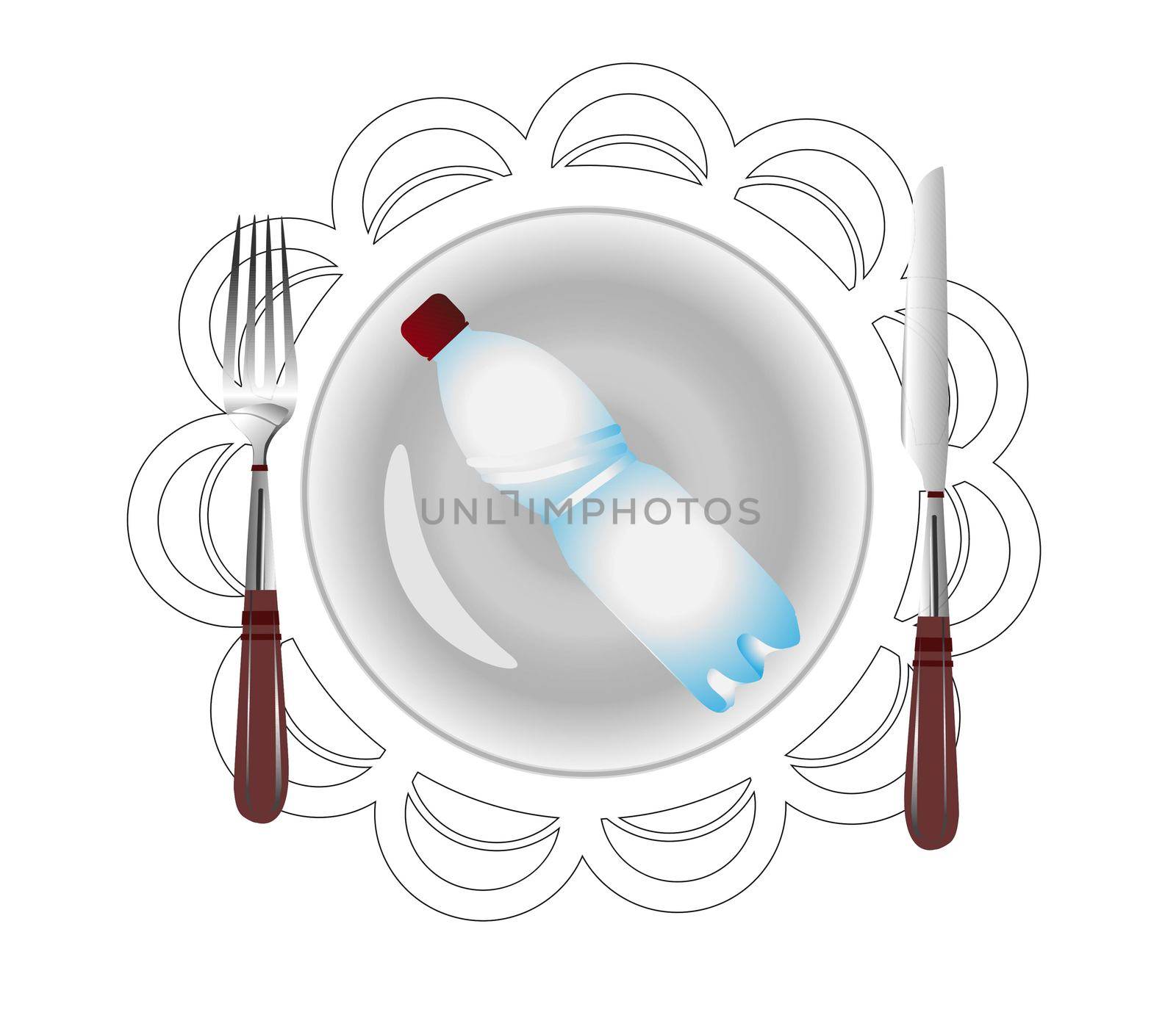 Microplastic. Decomposition of plastic in nature. We eat waste. Environmental protection concept. The problem of ecology. illustration isolated on white. Bottle on a fork.