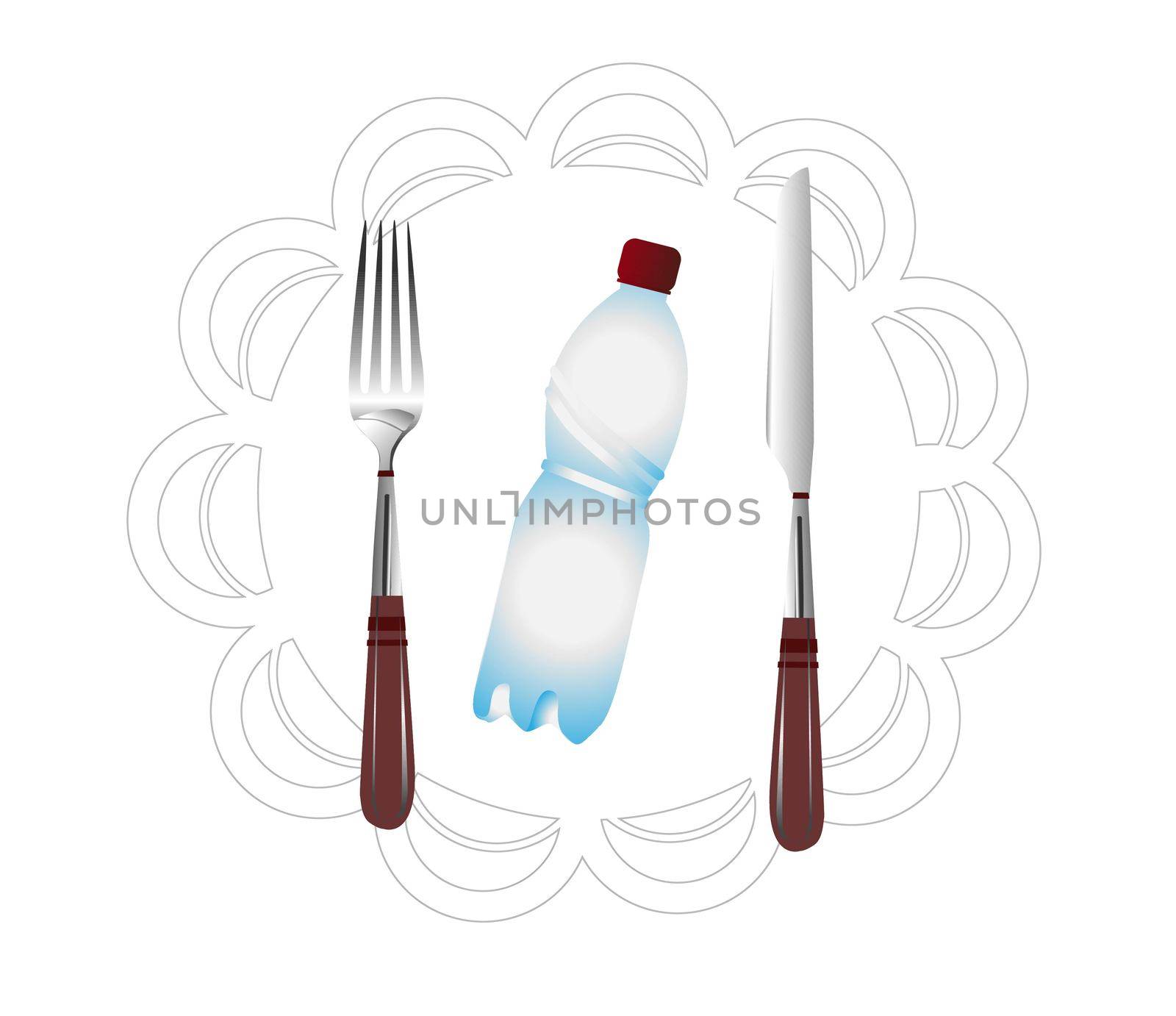 Microplastic. Decomposition of plastic in nature. We eat waste. Environmental protection concept. The problem of ecology. illustration isolated on white. Bottle on a fork.