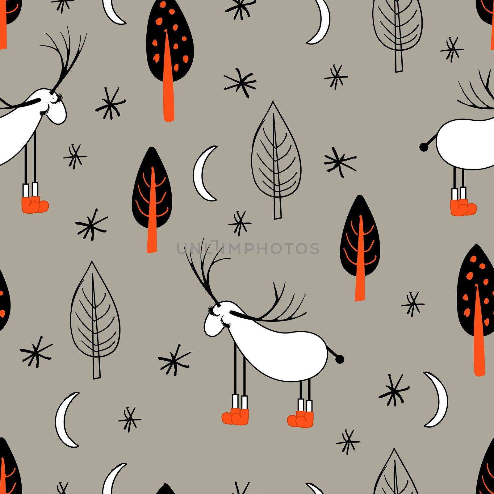 Reindeer. An animal with horns. Illustration in folk style. Stylized mountains. Scandinavian print. Seamless pattern for kids.