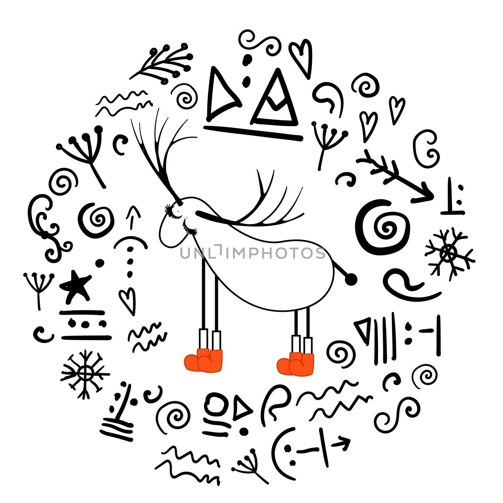 Reindeer. Illustration in folk style. Stylized animals. Scandinavian print