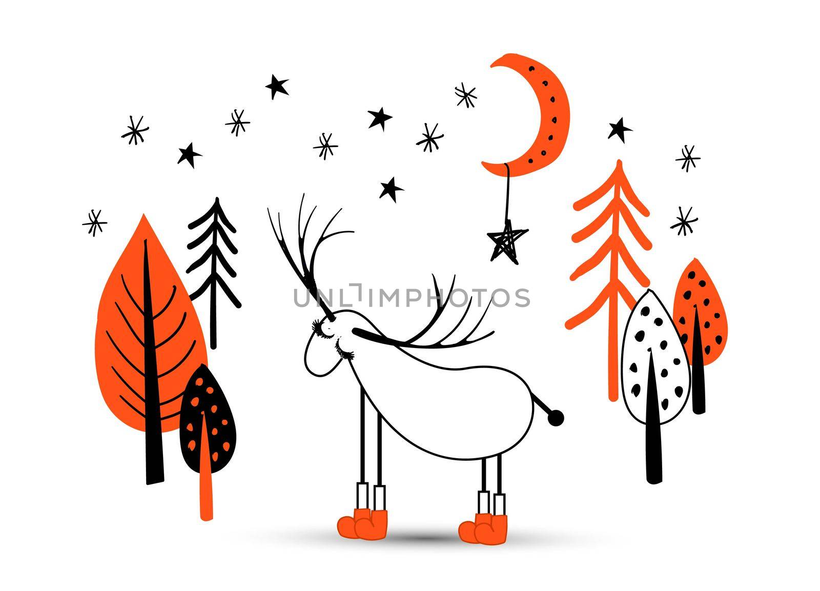 Christmas card with red reindeer. Red and white background decorated northern ornament. Scandinavian style. illustration. by annatarankova